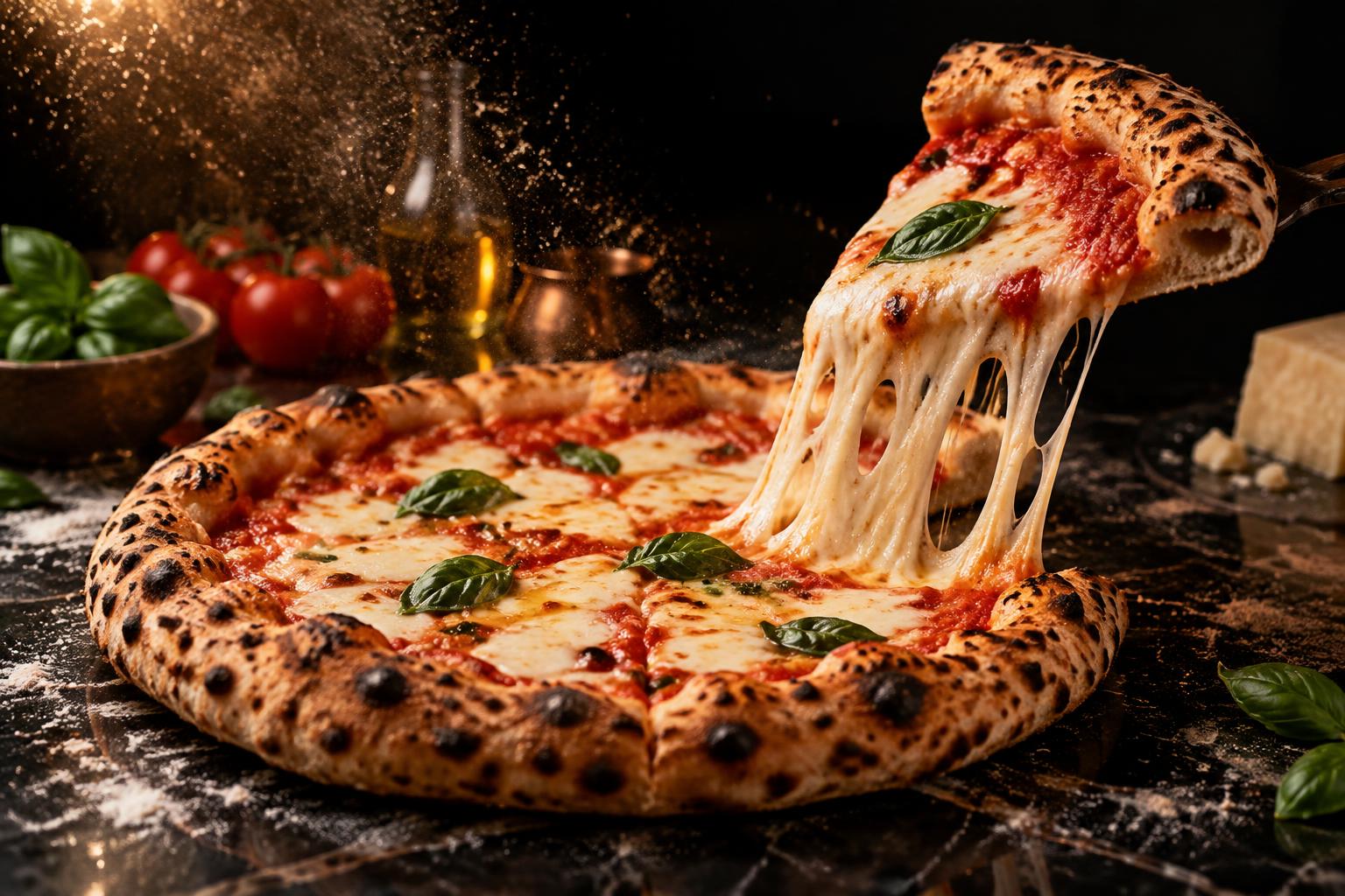 Pizza napolitana Basílica com queijo derretido e borda alveolada